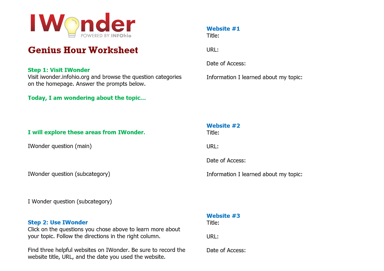 IWonder Genius Hour Worksheet (PDF)